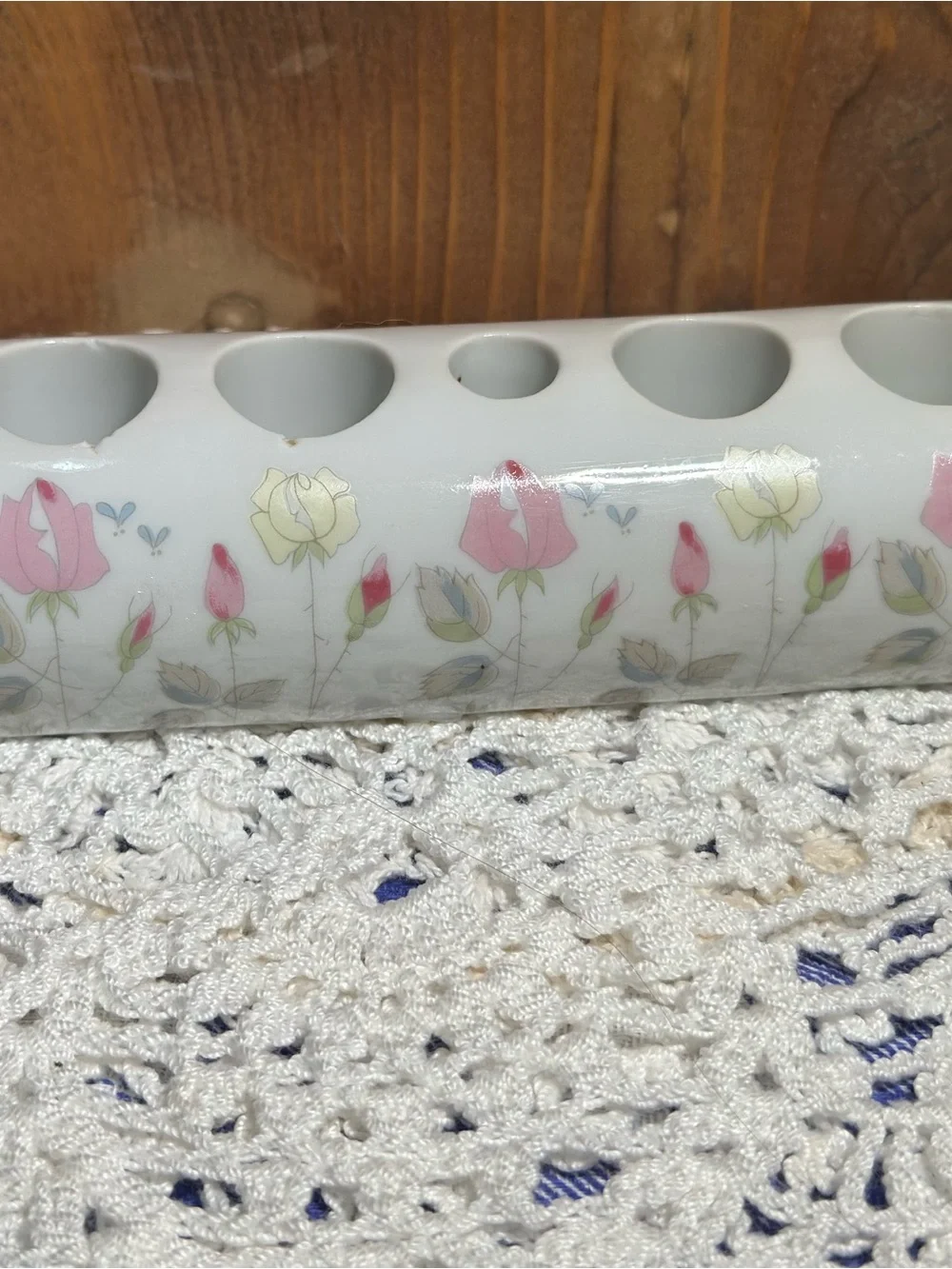 Vintage Lipstick holder White Floral Ceramic  - Pink and Yellow Rose Design